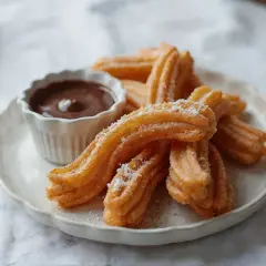 Churrosy posypane cukrem pudrem, obok miseczka z gorącą czekoladą. Idealna przekąska na deser.