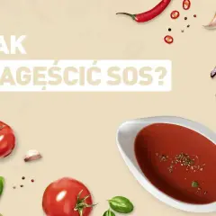 Jak zagęścić sos? Na tle składników: pomidory, bazylia, czosnek, cebula, chili i pieprz. Sos w sosjerce.