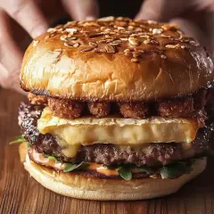 Apetyczny burger drwala z rozpływającym się serem i chrupiącymi dodatkami, gotowy do zjedzenia.
