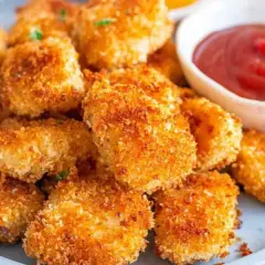 Chrupiące nuggetsy z airfryer na talerzu, obok miseczka ketchupu. Idealna przekąska!