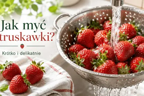 Jak myć truskawki? Woda delikatnie spływa po soczystych owocach w metalowym durszlaku, przygotowując je do jedzenia.