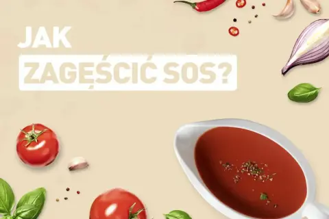 Jak zagęścić sos? Na tle składników: pomidory, bazylia, czosnek, cebula, chili i pieprz. Sos w sosjerce.
