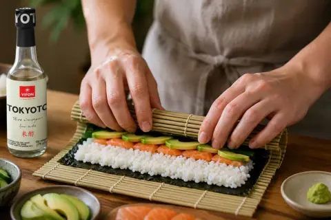 Przygotowanie ryżu do sushi z zaprawą na 500g ryżu. Na macie bambusowej układane są składniki: ryż, łosoś i awokado.