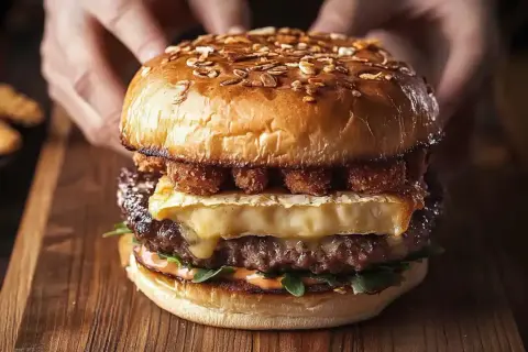 Apetyczny burger drwala z rozpływającym się serem i chrupiącymi dodatkami, gotowy do zjedzenia.