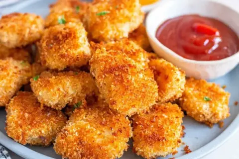 Chrupiące nuggetsy z airfryer na talerzu, obok miseczka ketchupu. Idealna przekąska!
