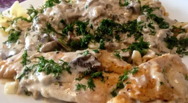 Pyszny kurczak z mascarpone i grzybami w kremowym sosie, podany z makaronem i posypany świeżym koperkiem.