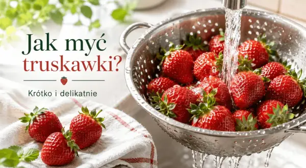 Jak myć truskawki? Woda delikatnie spływa po soczystych owocach w metalowym durszlaku, przygotowując je do jedzenia.