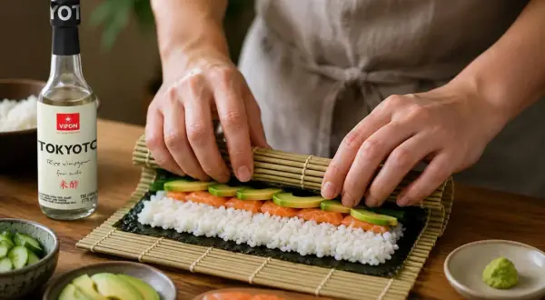Przygotowanie ryżu do sushi z zaprawą na 500g ryżu. Na macie bambusowej układane są składniki: ryż, łosoś i awokado.