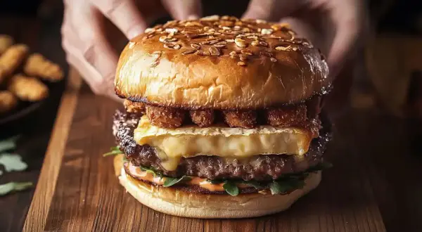 Apetyczny burger drwala z rozpływającym się serem i chrupiącymi dodatkami, gotowy do zjedzenia.