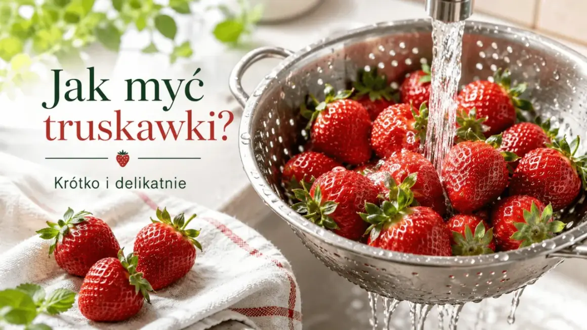 Jak myć truskawki? Woda delikatnie spływa po soczystych owocach w metalowym durszlaku, przygotowując je do jedzenia.