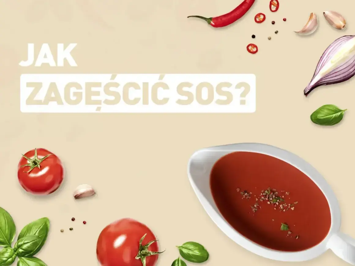 Jak zagęścić sos? Na tle składników: pomidory, bazylia, czosnek, cebula, chili i pieprz. Sos w sosjerce.