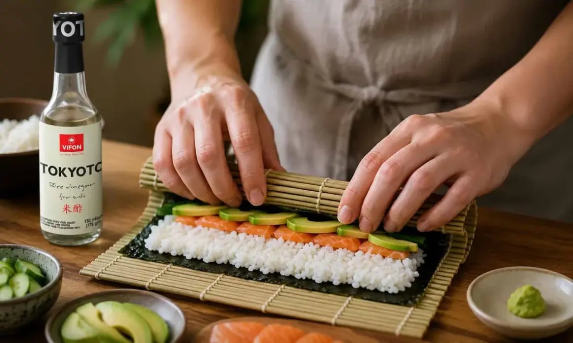 Przygotowanie ryżu do sushi z zaprawą na 500g ryżu. Na macie bambusowej układane są składniki: ryż, łosoś i awokado.