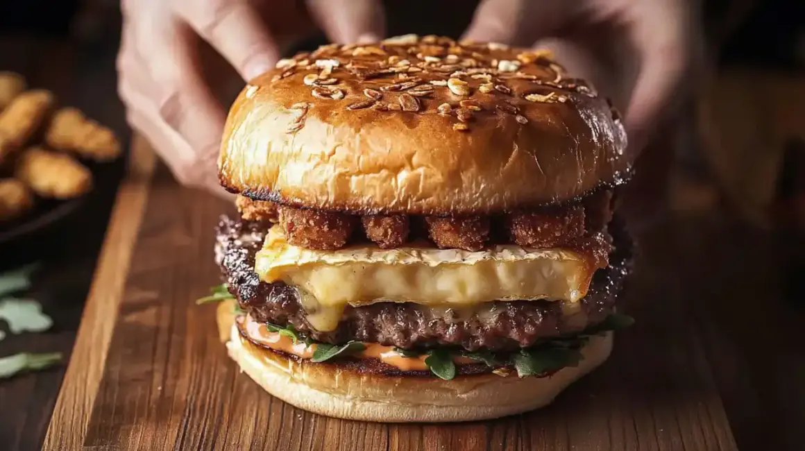 Apetyczny burger drwala z rozpływającym się serem i chrupiącymi dodatkami, gotowy do zjedzenia.