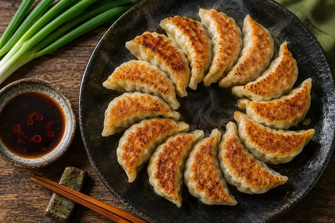 Złociste pierogi gyoza ułożone na talerzu, obok miseczka z sosem i szczypiorek.