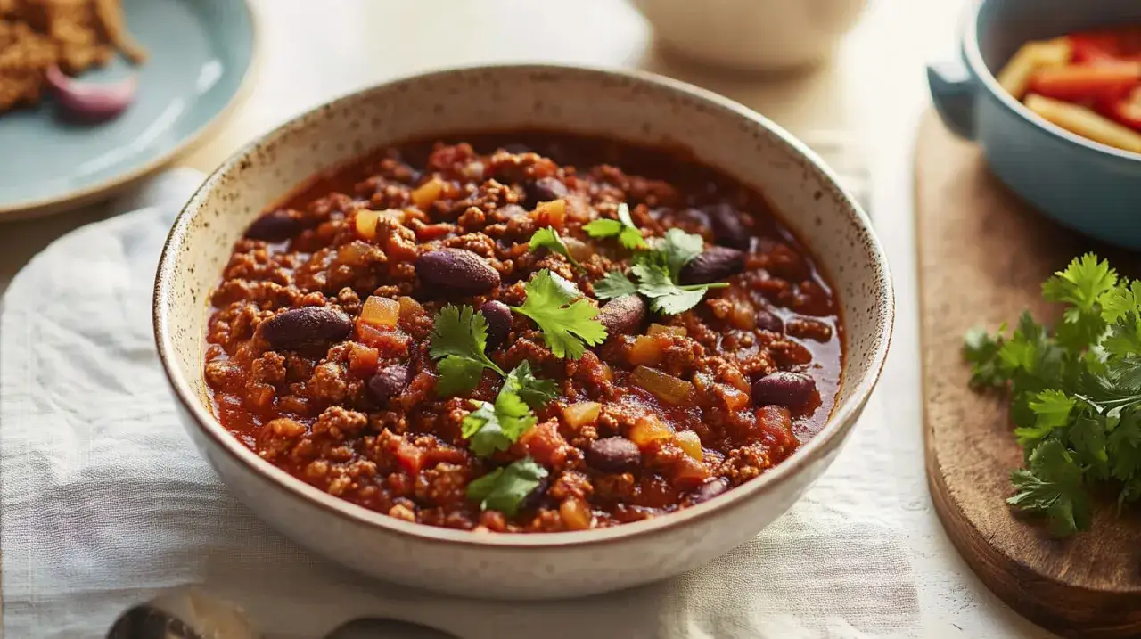 Gęste, aromatyczne chili con carne przepis z fasolą i mielonym mięsem, udekorowane świeżą kolendrą.