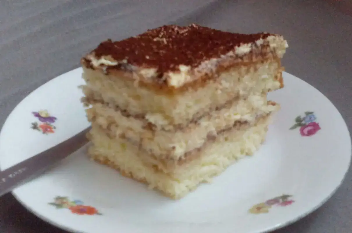 Puszysty deser z warstwami kremu i kakaowym pyłkiem, przygotowany na bazie biszkoptów do tiramisu.