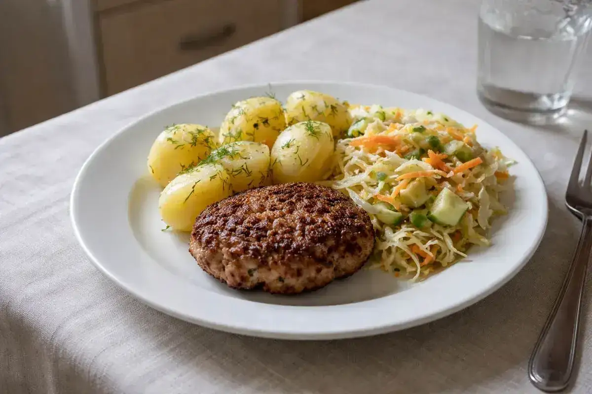 Pyszne mięso na obiad: kotlet mielony, ziemniaczki z koperkiem i surówka z kapusty.