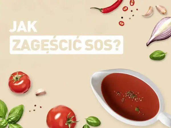 Jak zagęścić sos? Na tle składników: pomidory, bazylia, czosnek, cebula, chili i pieprz. Sos w sosjerce.