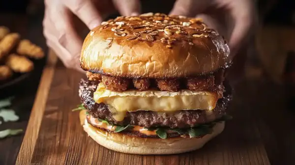 Apetyczny burger drwala z rozpływającym się serem i chrupiącymi dodatkami, gotowy do zjedzenia.